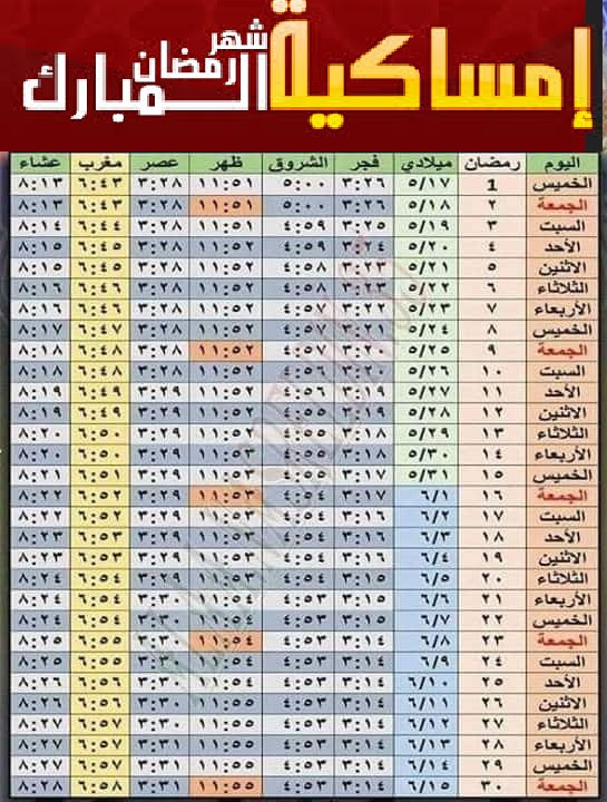 امساكية رمضان 2019 مصر - مواعيد الصوات والافطار فى رمضان 2019 5940 1